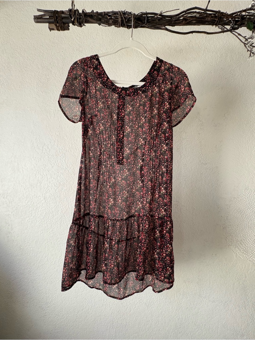 KimchiBlue Sheer Black Floral Short-Sleeve Tiered Mini Dress cover up